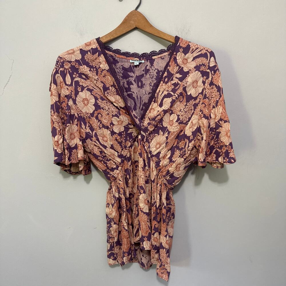 Nostalgia Top Womens Large Purple Beige Floral Babydoll Retro Y2K Boho Festival